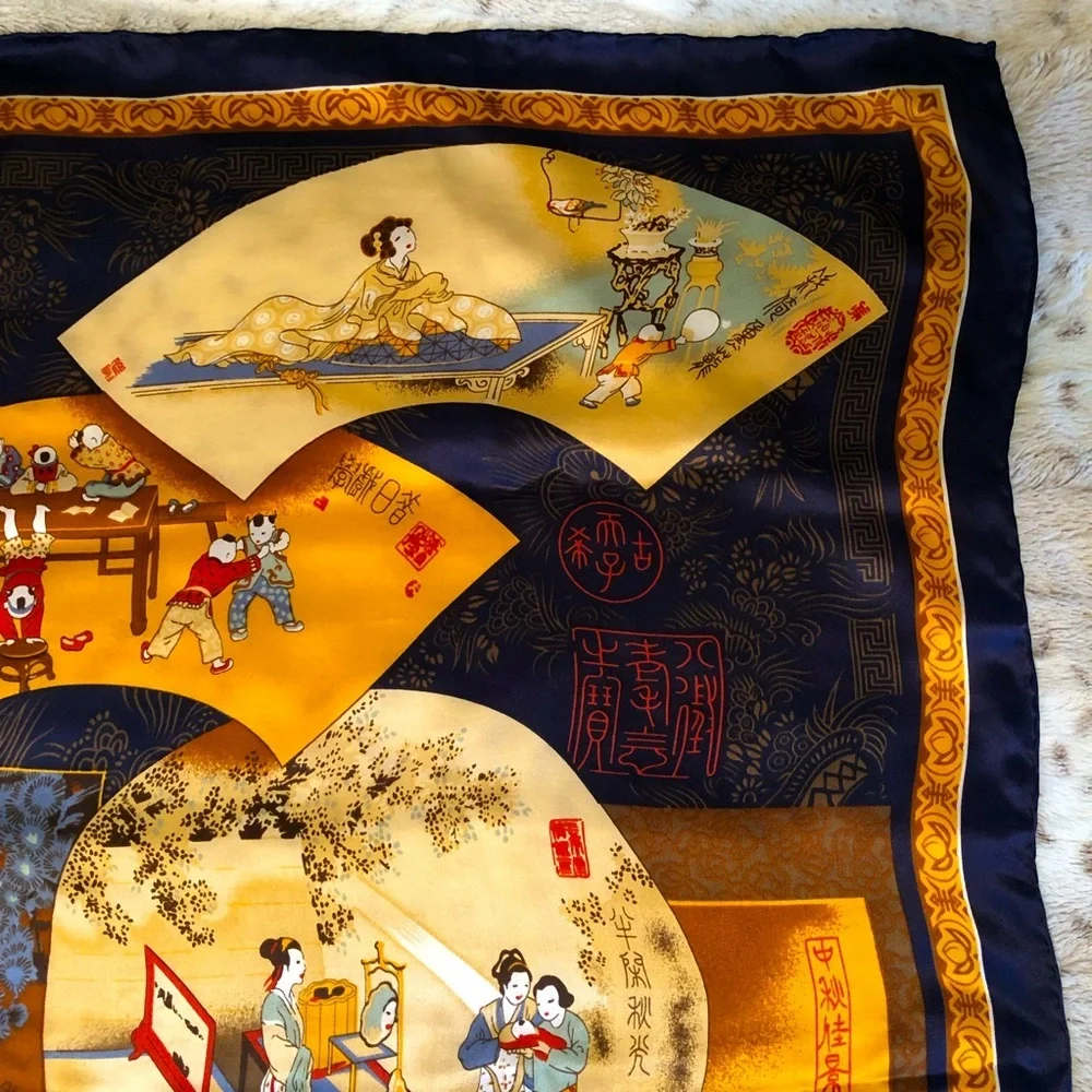 Vintage Chinese Japanese Silk Wrap Scarf Shawl - 40” Gold Blue Red Cream Brown